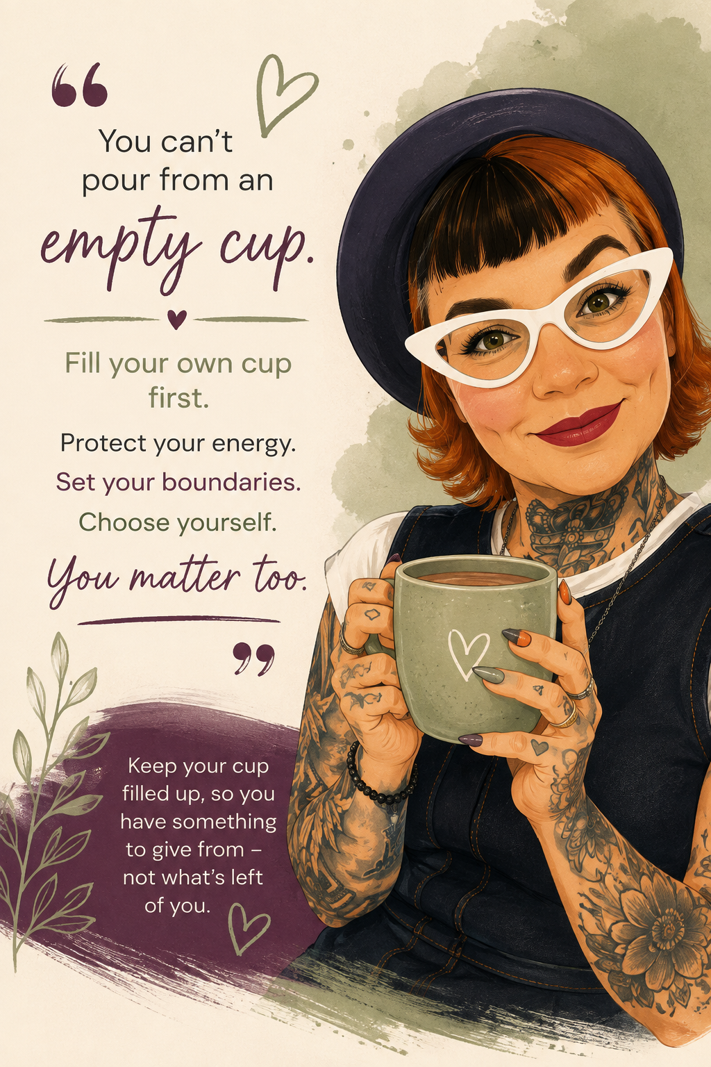 Illustrated Gilly holding a cup with a message about protecting your energy