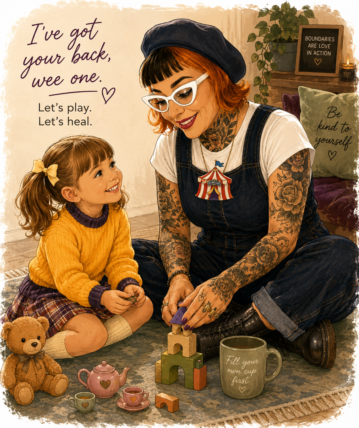 Illustration of adult Gilly playing with her younger self